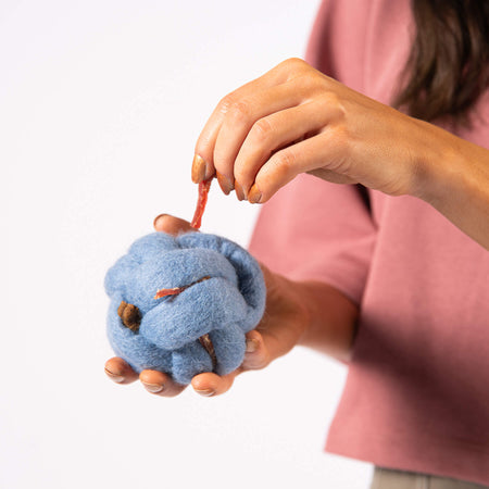 Sustainable knot dog toy ball with treats hidden inside for nose work.
